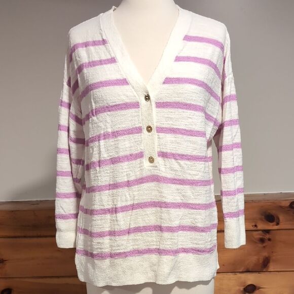 LOFT V-Neck Sweater White and Pink Striped - Picture 1 of 5